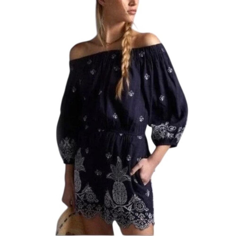 Farm Rio Anthropologie Jackie Linen Pineapple Print Romper Women’s Medium Navy